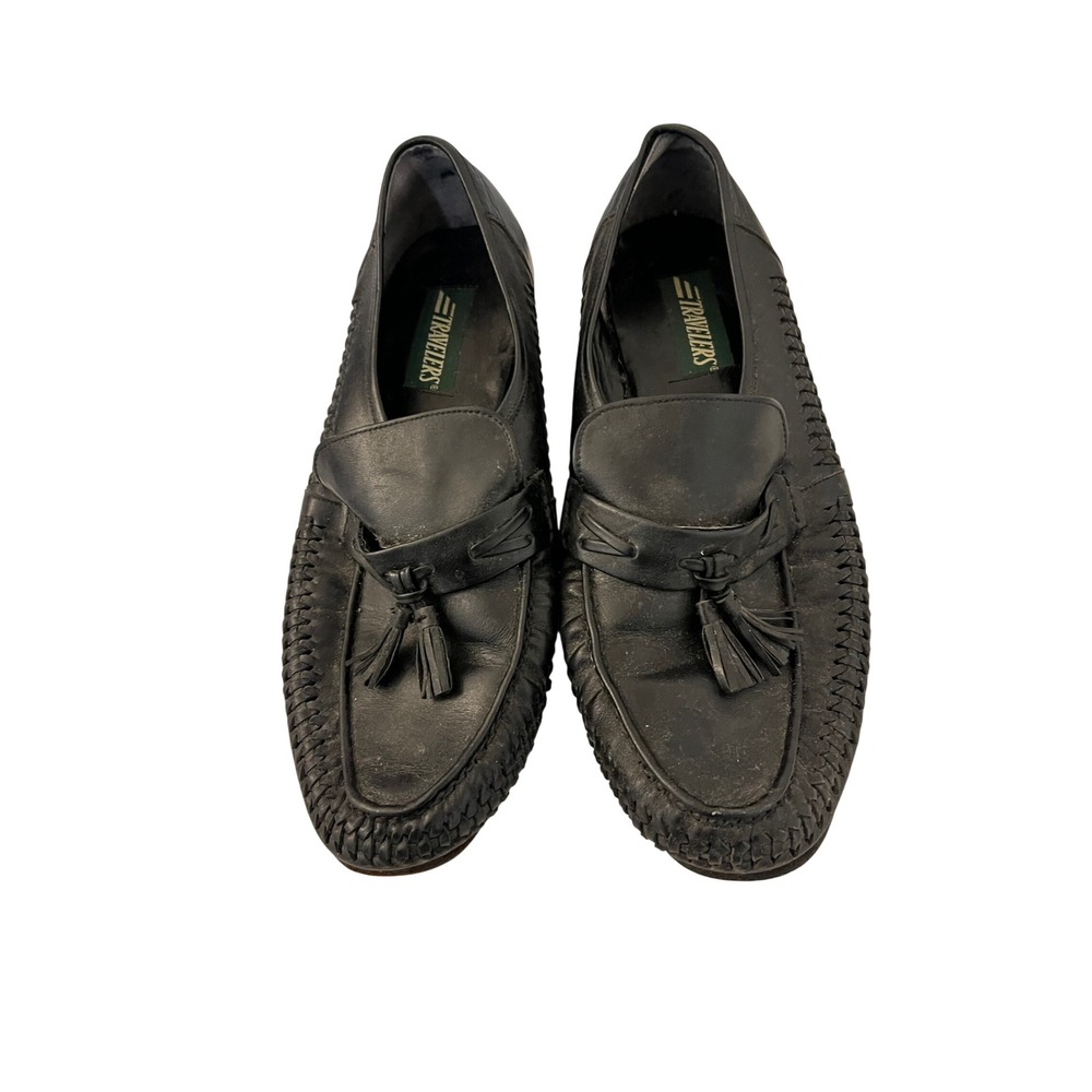 Travelers Mens Black Leather Tassel Loafers Woven Trim Dress Shoes Size 9